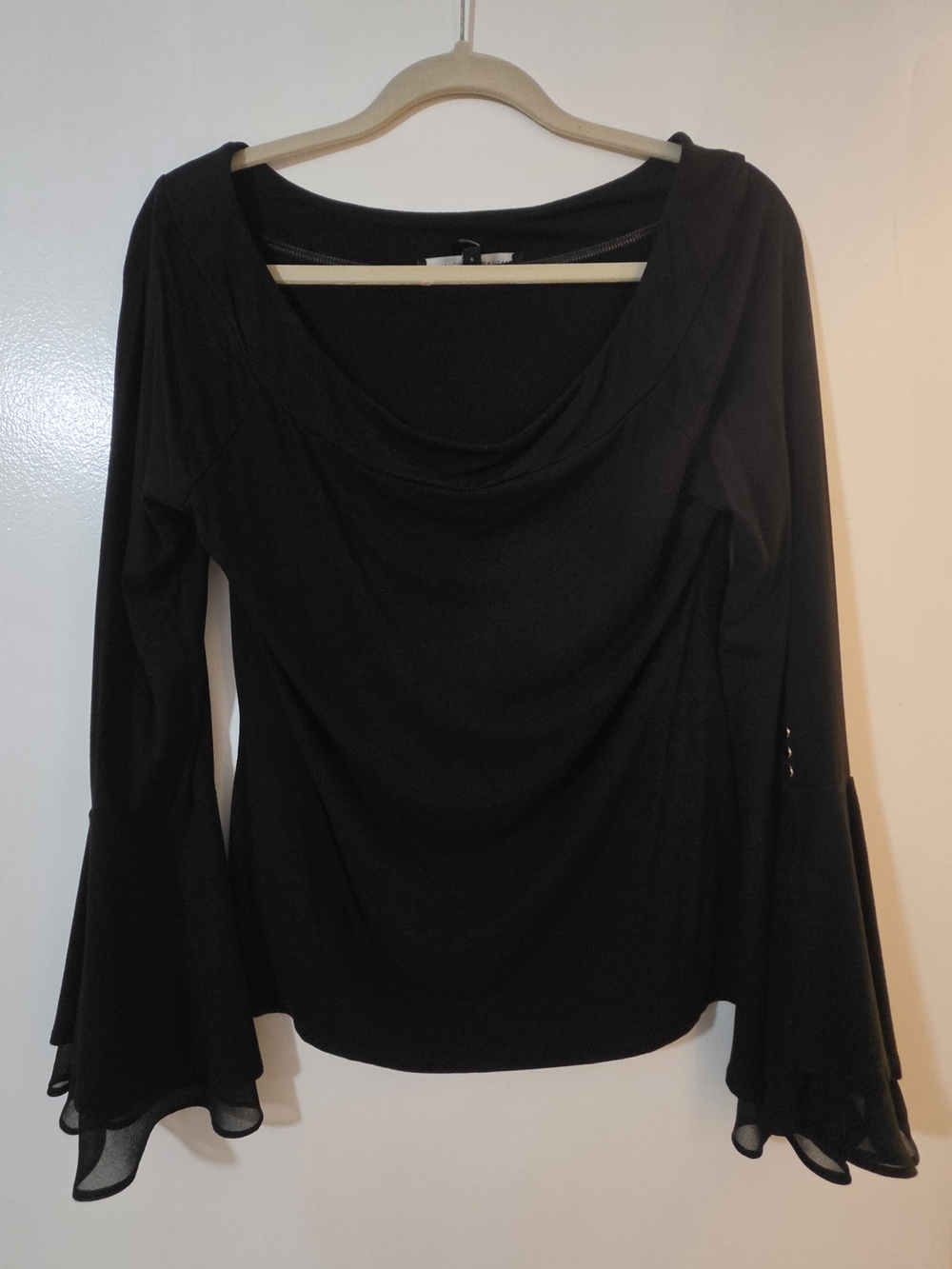 White House Black Market Black Long Sleeve Draped Neck Bell Sleeve Top